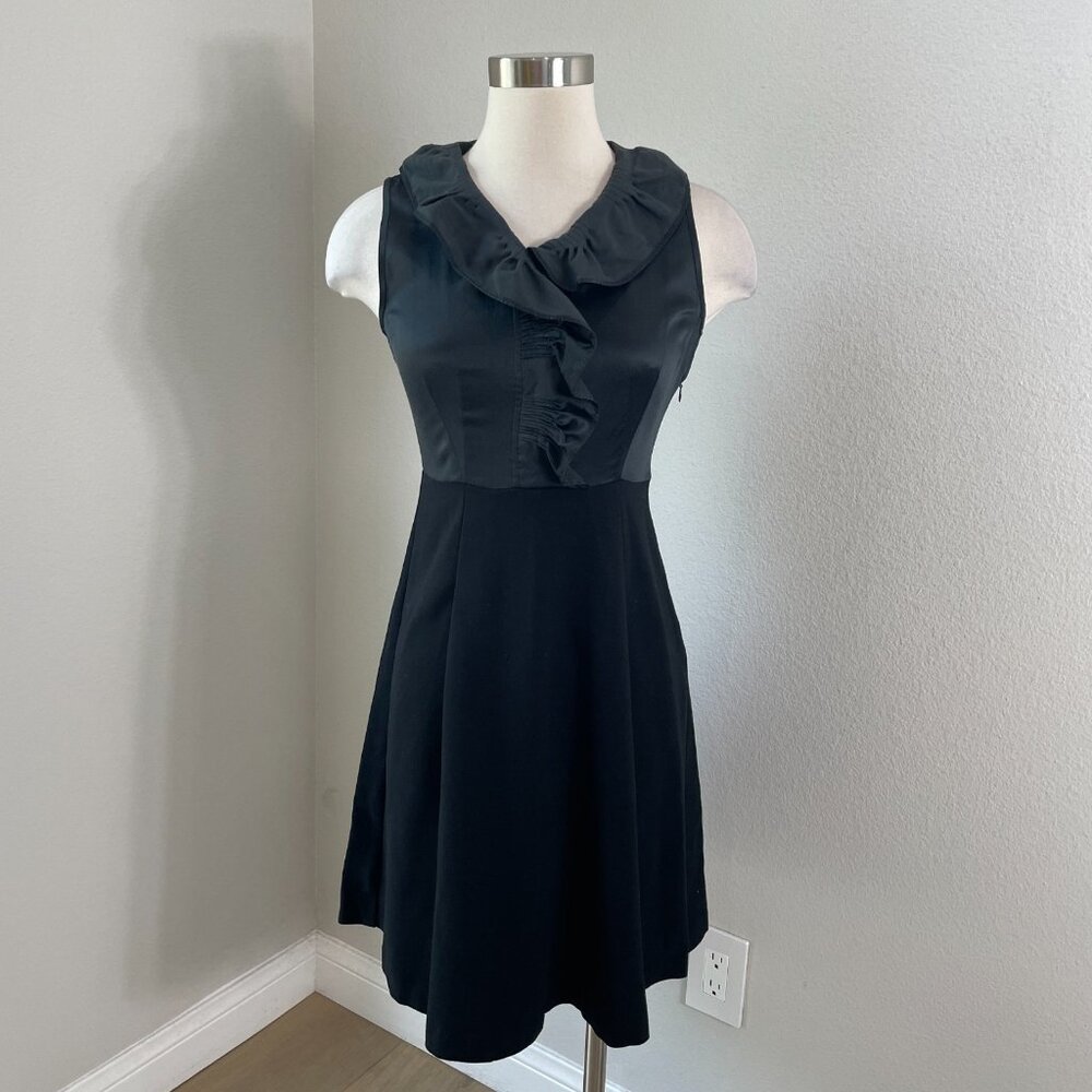 Theory Womens 2 Black Ruffle Neck Sheath Dress Sleeveless Stretch Knee Length